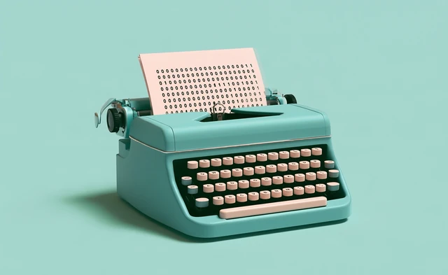 Une machine à écrire turquoise imprime des zéros et des uns.