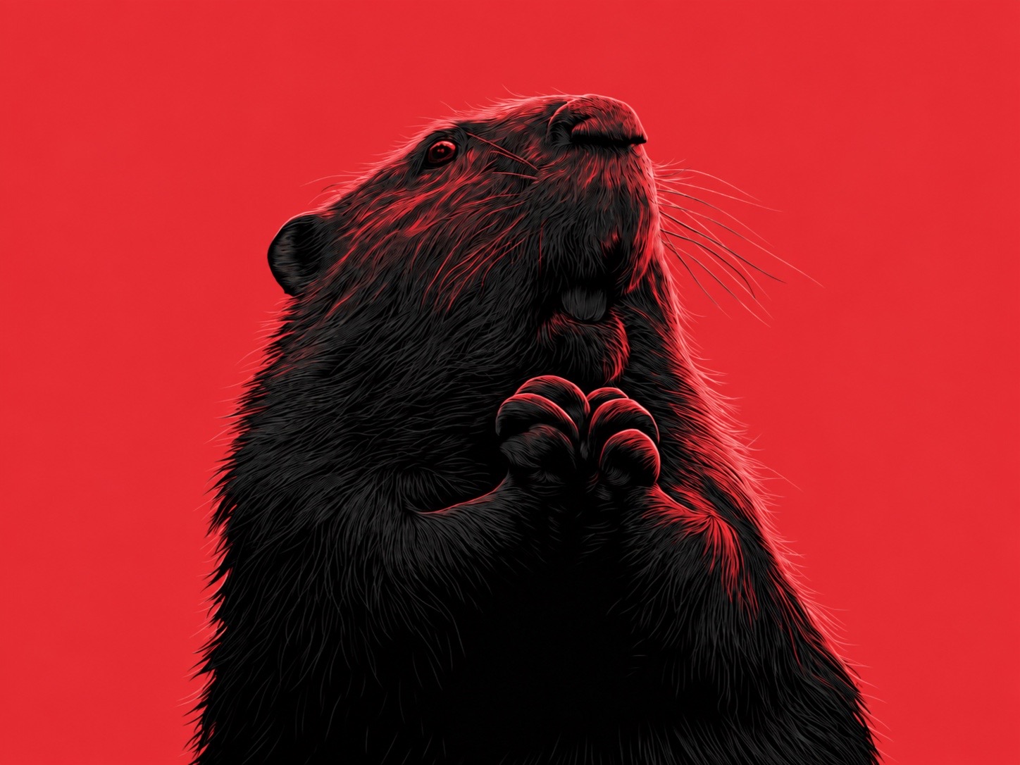 Un castor noir aux reflets rouges, les pattes serrées contre lui et la tête levée, sur fond rouge.