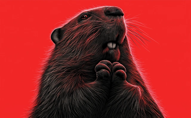Un castor au pelage sombre et détaillé, aux reflets rouges, les pattes serrées devant lui et la tête levée, sur fond rouge.