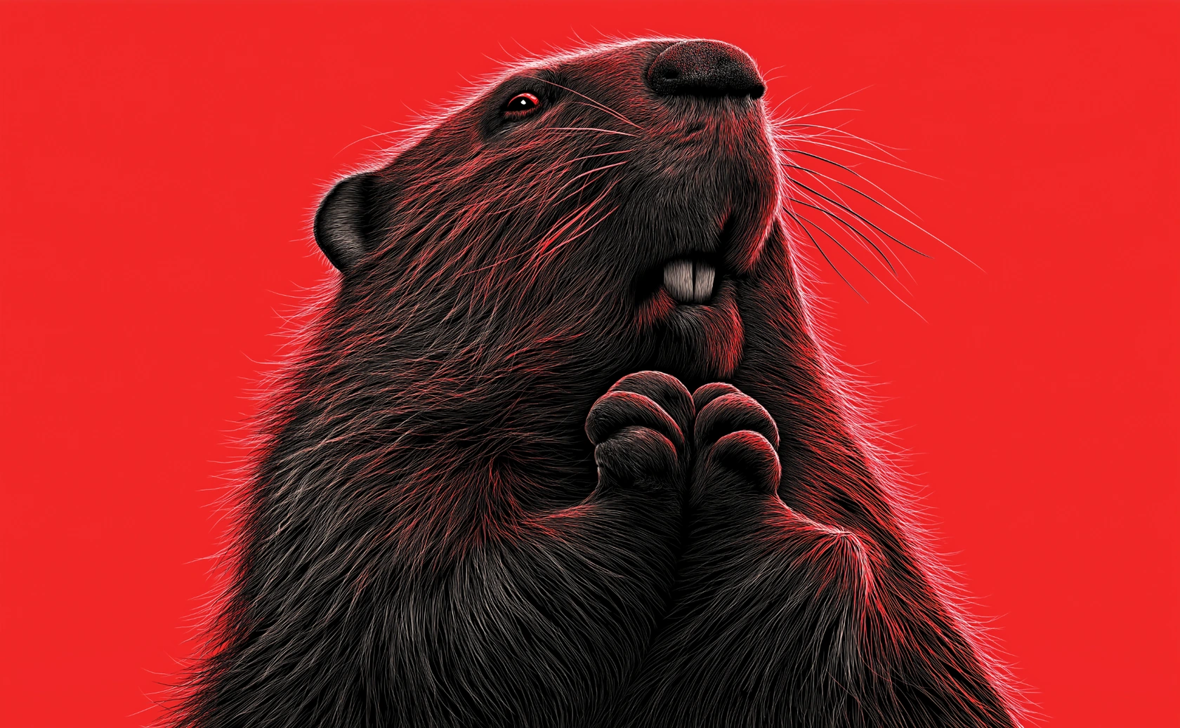 Un castor au pelage sombre et détaillé, aux reflets rouges, les pattes serrées devant lui et la tête levée, sur fond rouge.