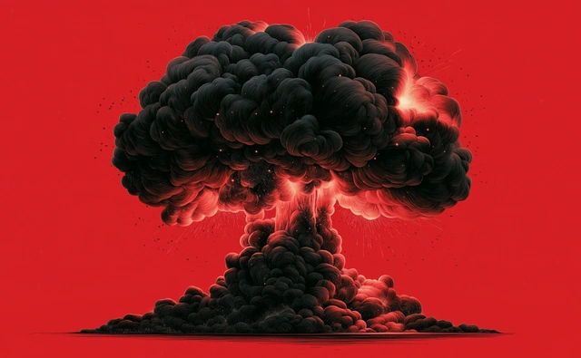 Illustration d’un champignon atomique de fumée noire aux lueurs rouges et orangées, sur fond rouge.