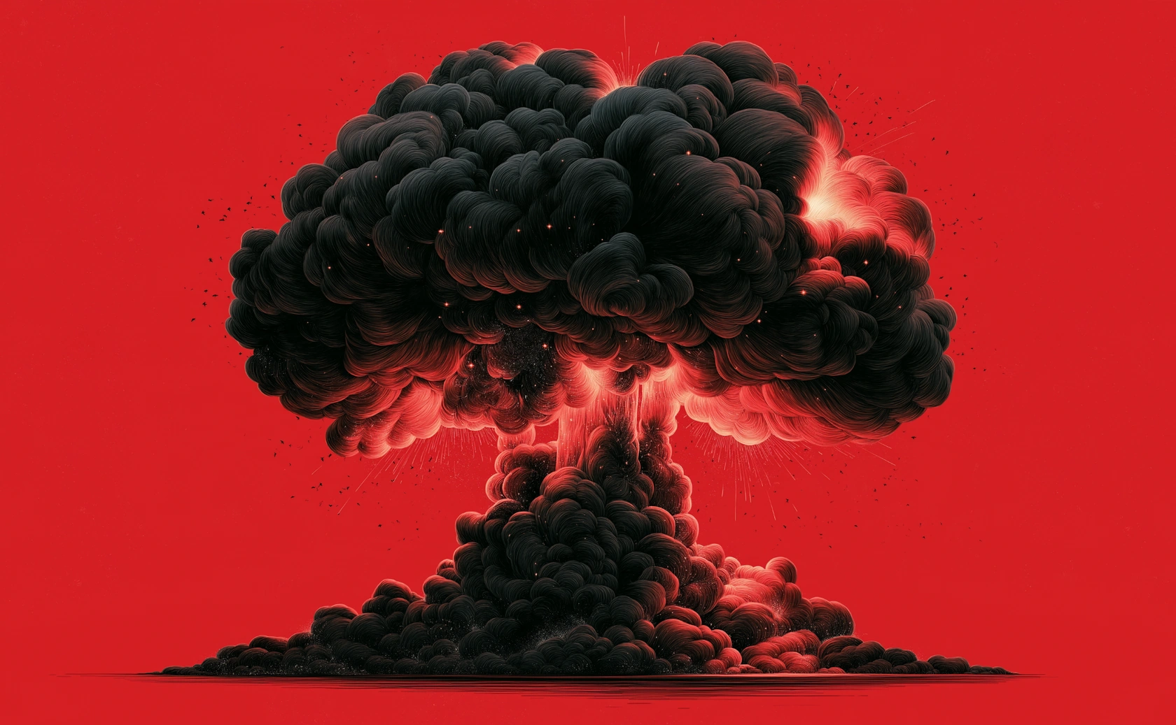 Illustration d’un champignon atomique de fumée noire aux lueurs rouges et orangées, sur fond rouge.