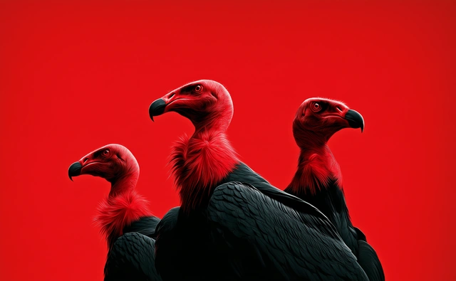 Trois vautours rouges et noirs sur fond rouge.