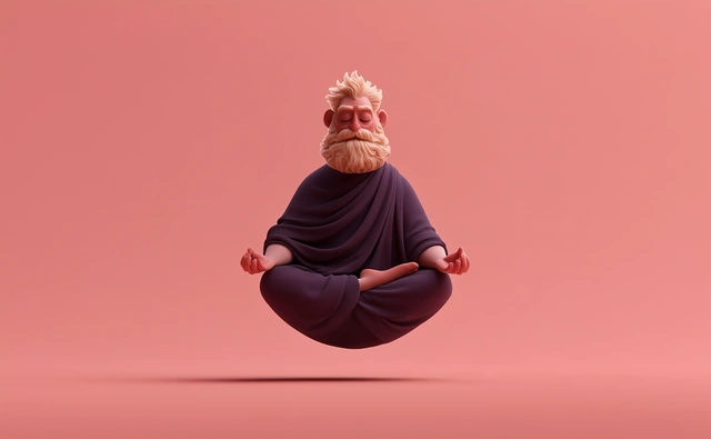 Un homme barbu en méditation, en lévitation sur fond rose.