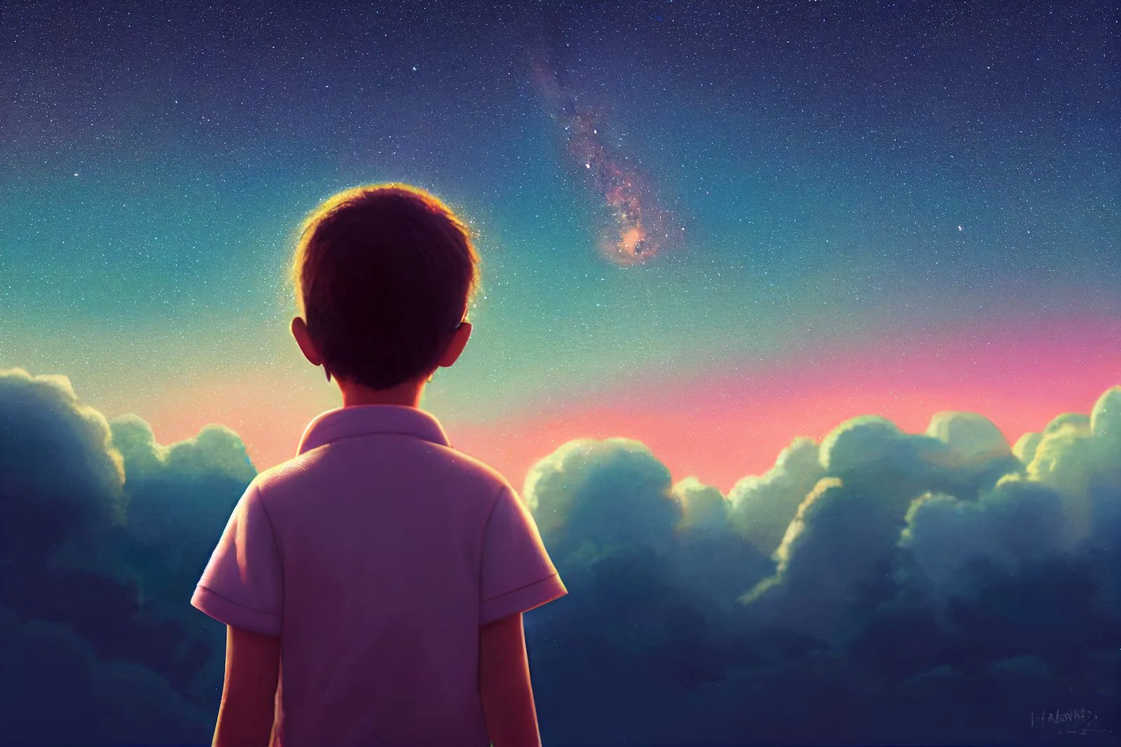 Enfant vu de dos face à un ciel étoilé multicolore.