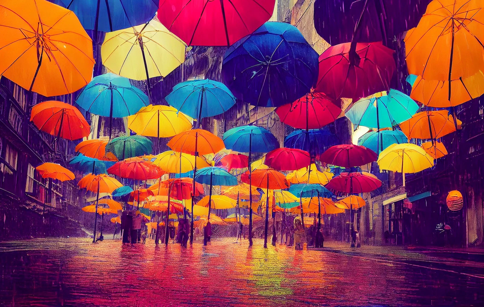 Parapluies multicolores suspendus au-dessus d’une rue illuminée.