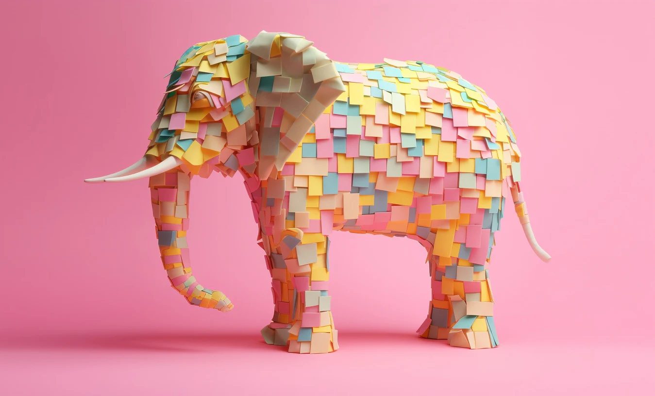Éléphant recouvert de notes adhésives multicolores.
