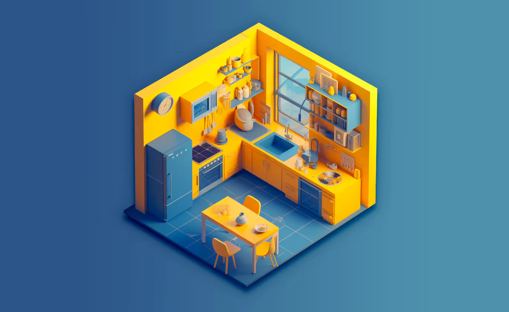 Cuisine miniature jaune et bleue présentée en coupe.