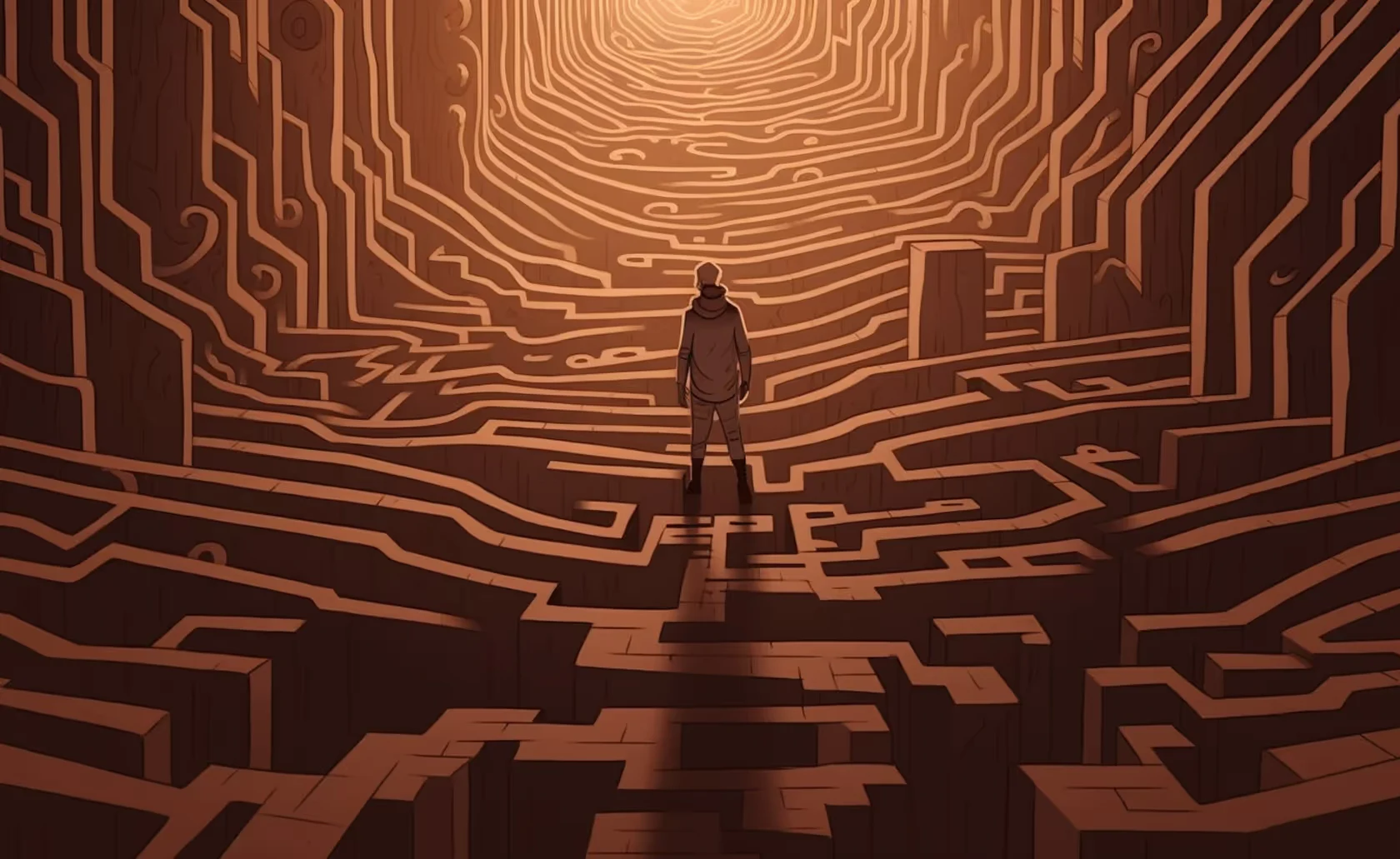 Personnage au milieu d’un labyrinthe dont les lignes évoquent un circuit électronique.