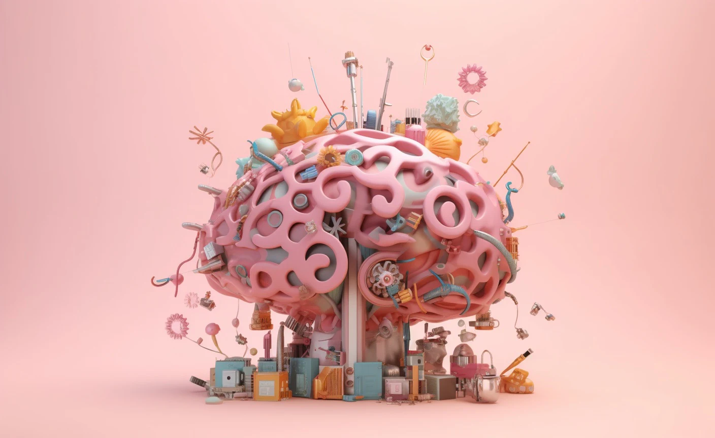 Cerveau illustré comme un atelier rempli de petits objets et de mécanismes.