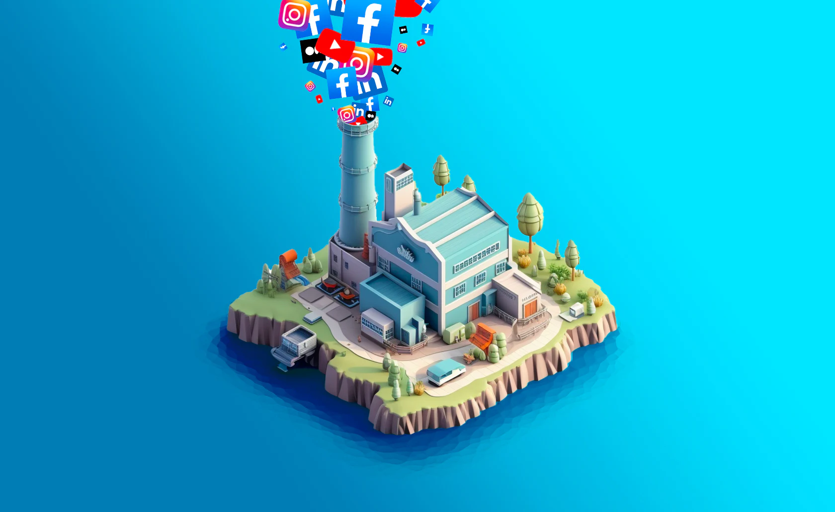 Usine miniature dont la cheminée diffuse des icônes de réseaux sociaux.