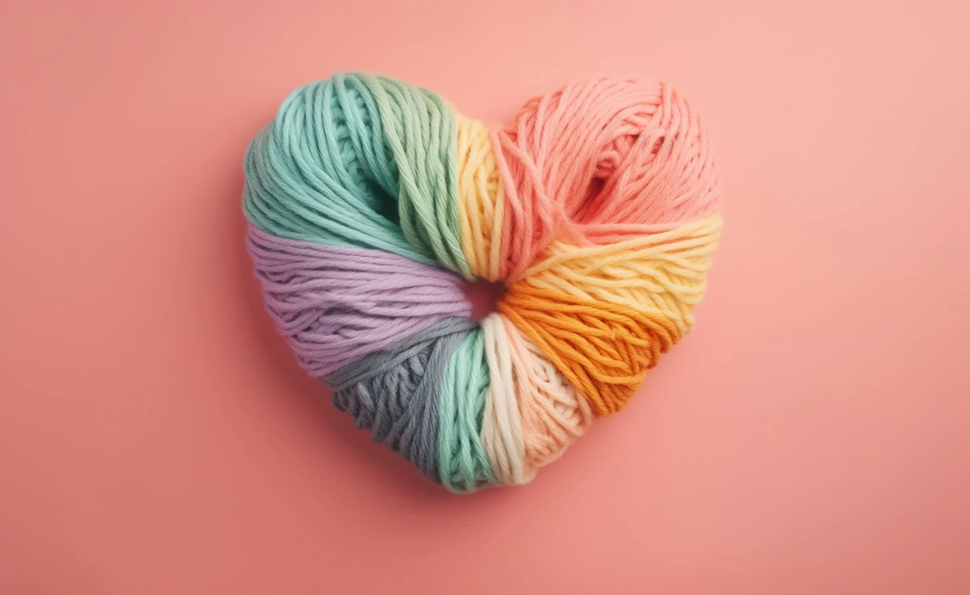 Fils de laine multicolores rassemblés en forme de cœur.