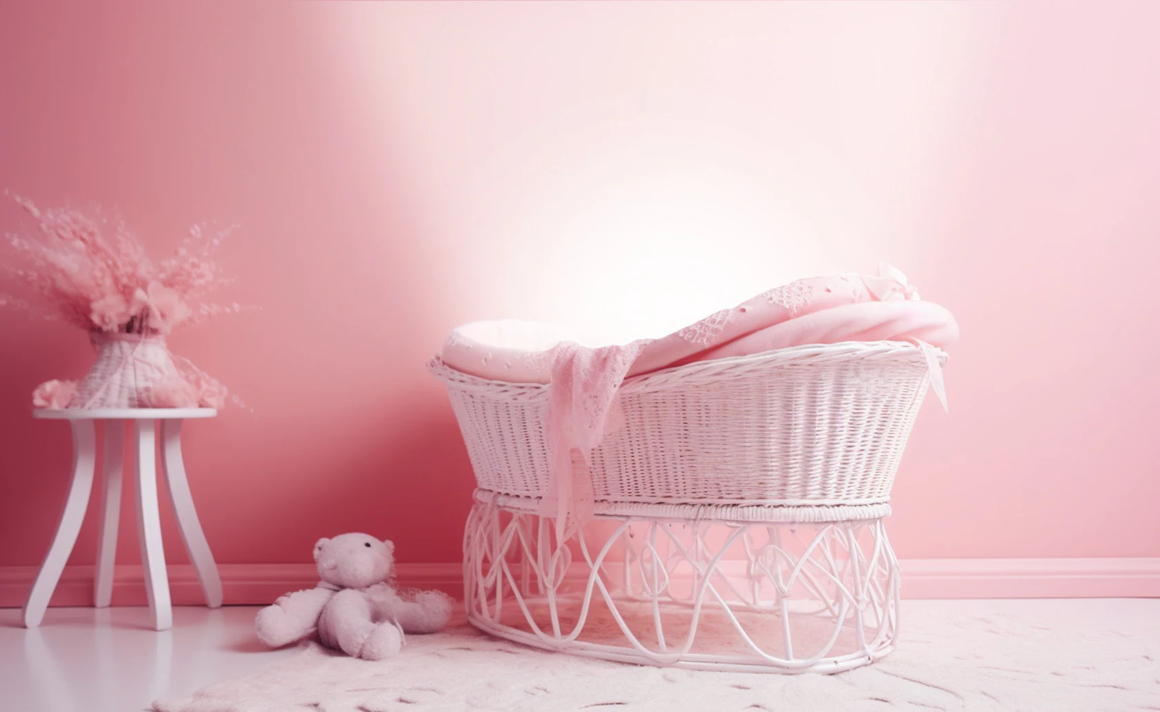 Berceau et jouets dans une chambre entièrement rose.