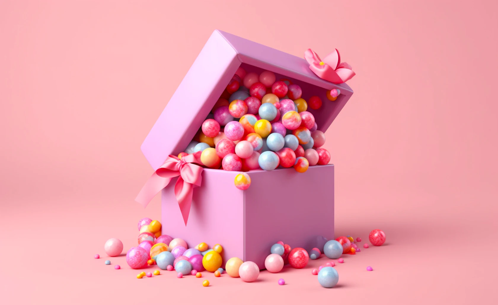 Boîte cadeau rose débordant de bonbons multicolores.
