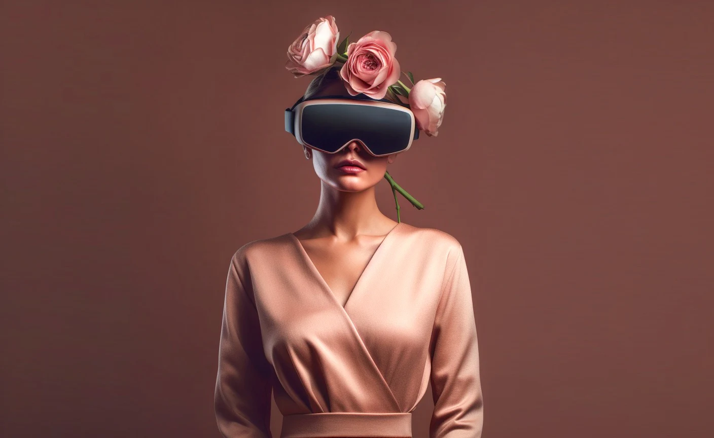 Personne portant un casque de réalité virtuelle et une couronne de fleurs.