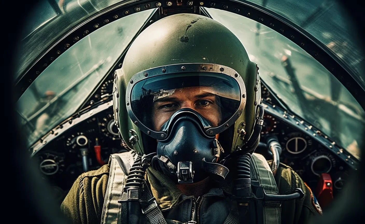Pilote casqué dans le cockpit d’un avion.