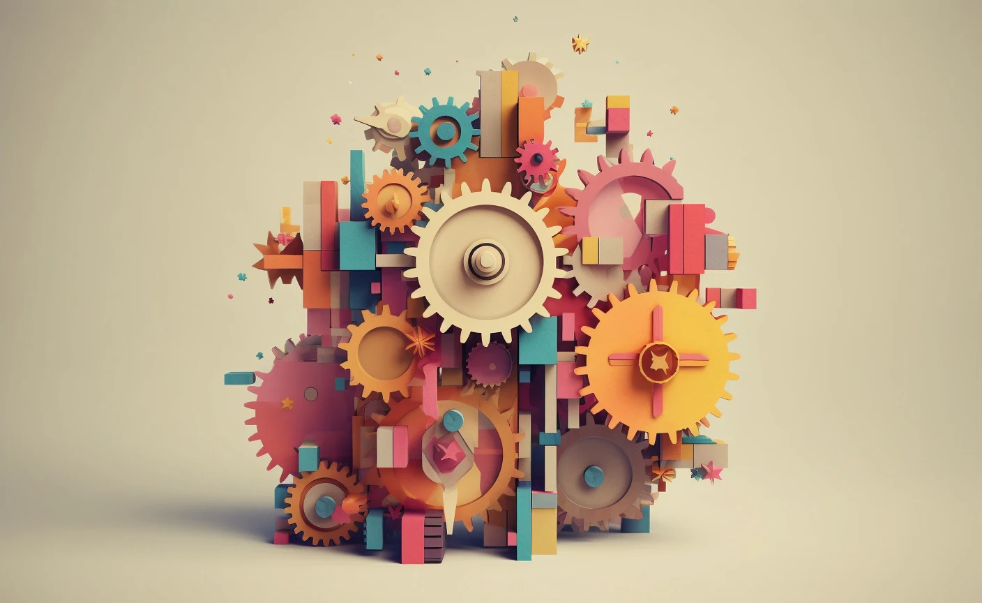 Assemblage de rouages et de formes géométriques multicolores.