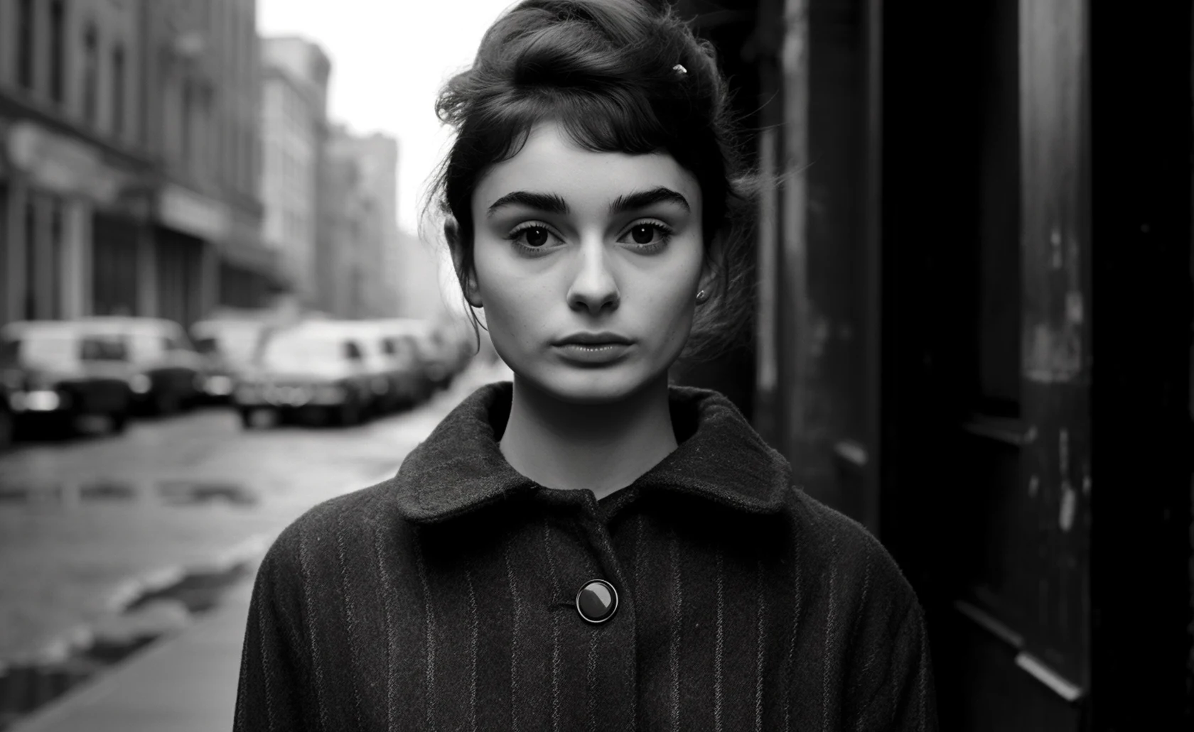 Portrait en noir et blanc d’une jeune femme dans une rue.