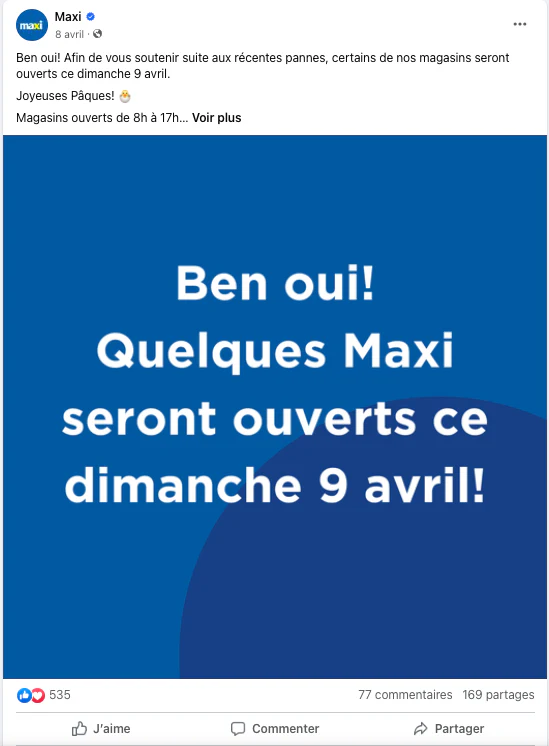 Publication de Maxi annonçant l’ouverture de certains magasins un dimanche.