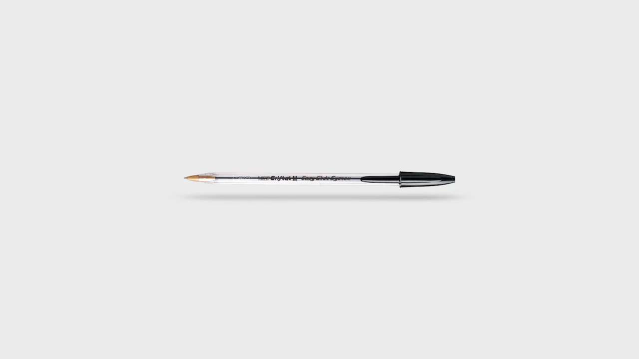 Stylo à bille fin, transparent, avec un capuchon noir.