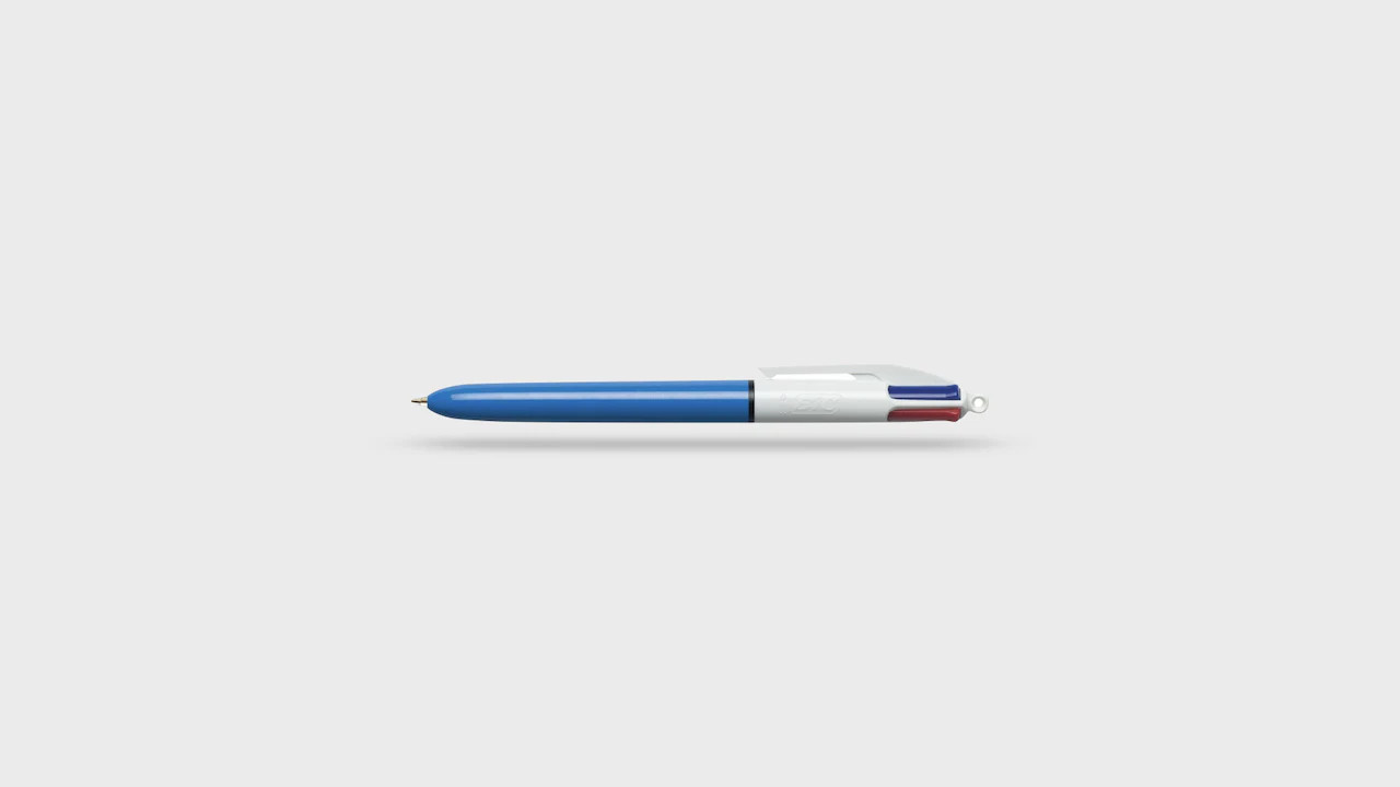 Stylo à quatre couleurs bleu et blanc.