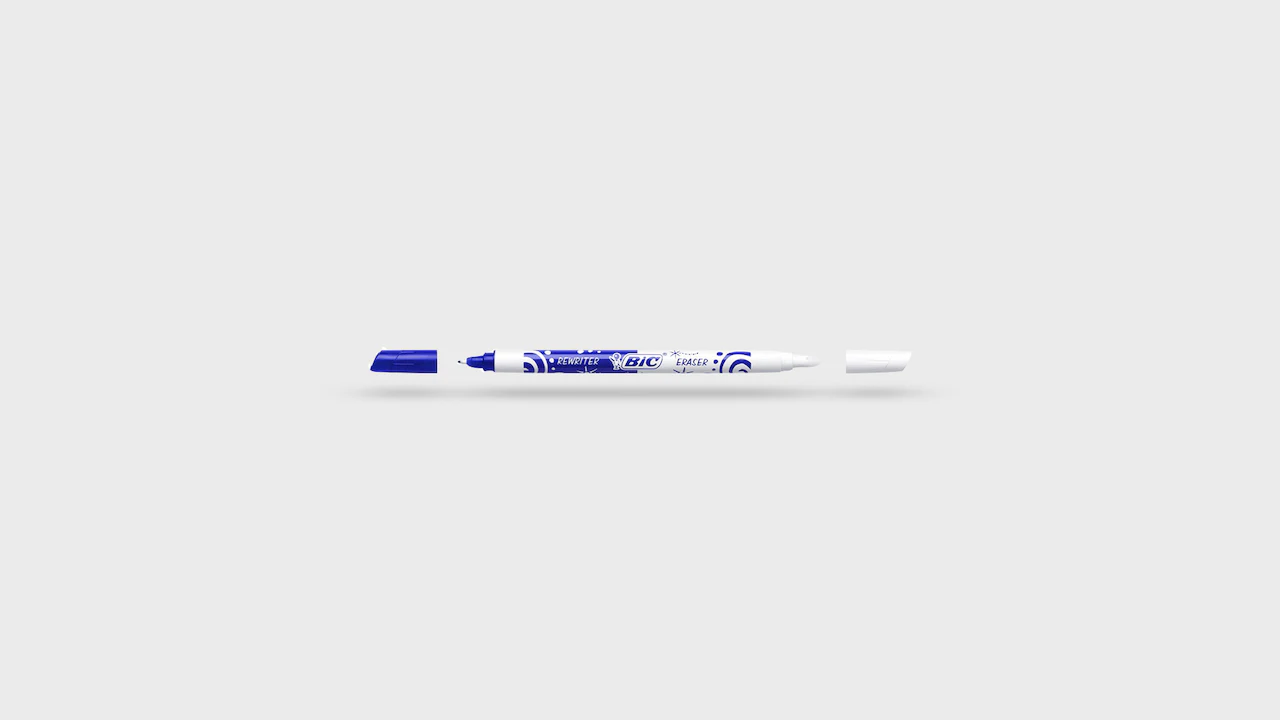 Stylo blanc et bleu à deux extrémités.