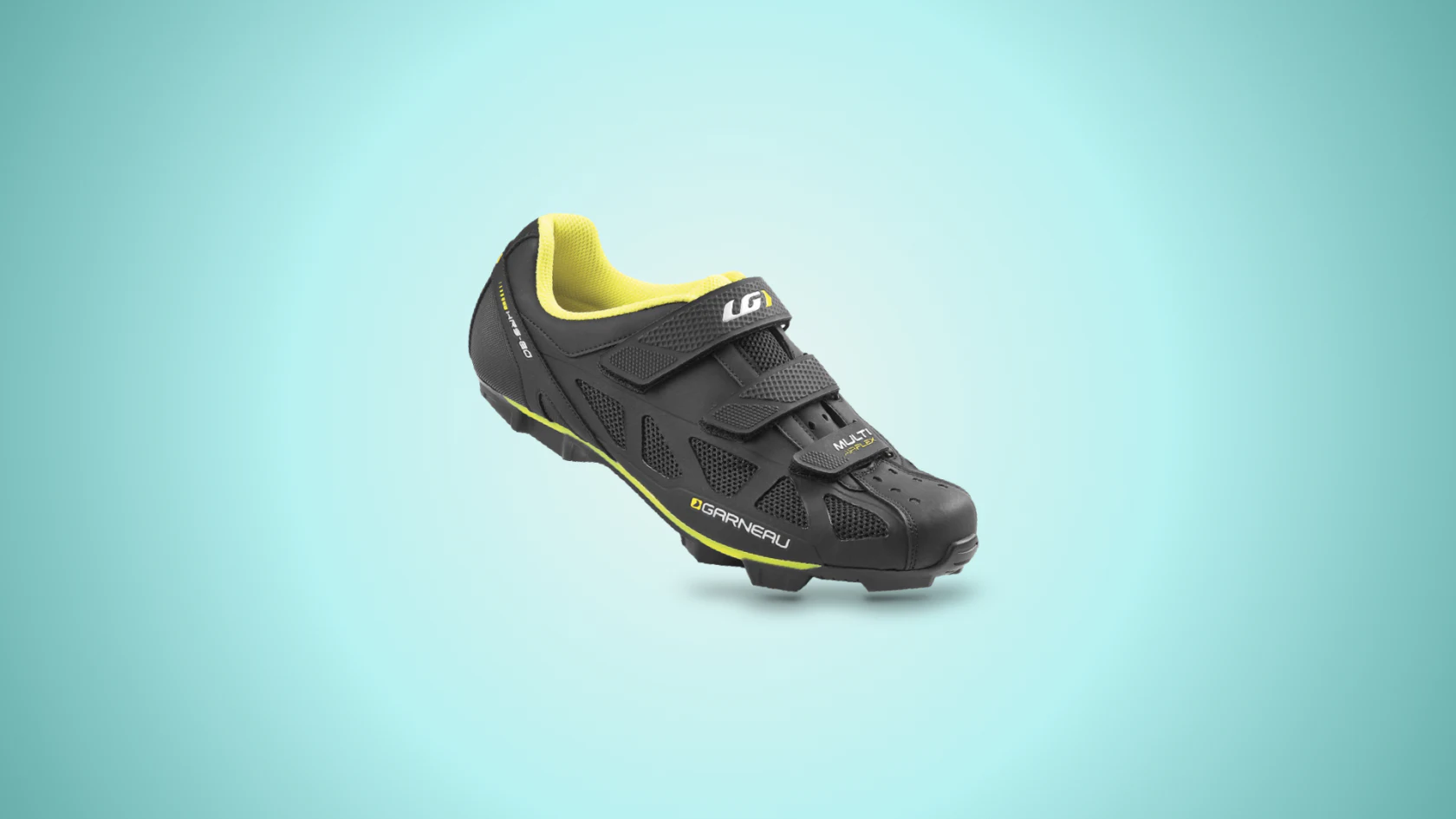 Chaussure de sport noire et jaune à fermeture autoagrippante.