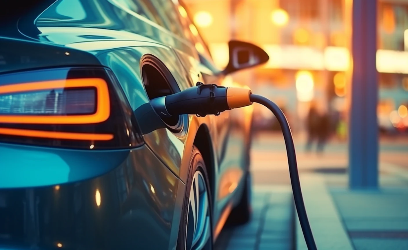 Voiture électrique branchée à une borne de recharge.