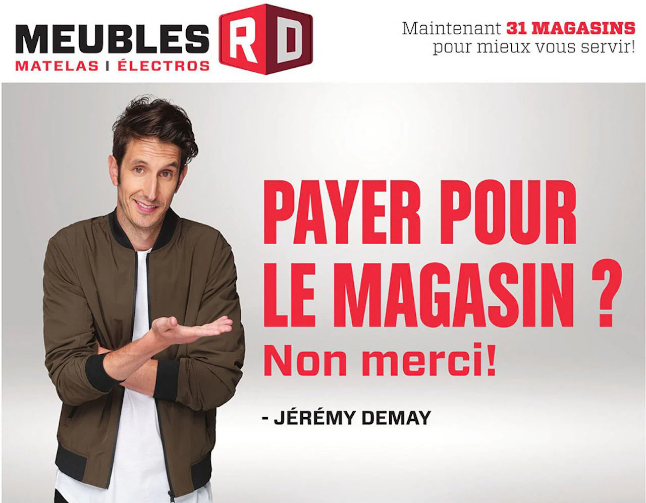 Publicité Meubles RD avec Jérémy Demay sur le coût des magasins.
