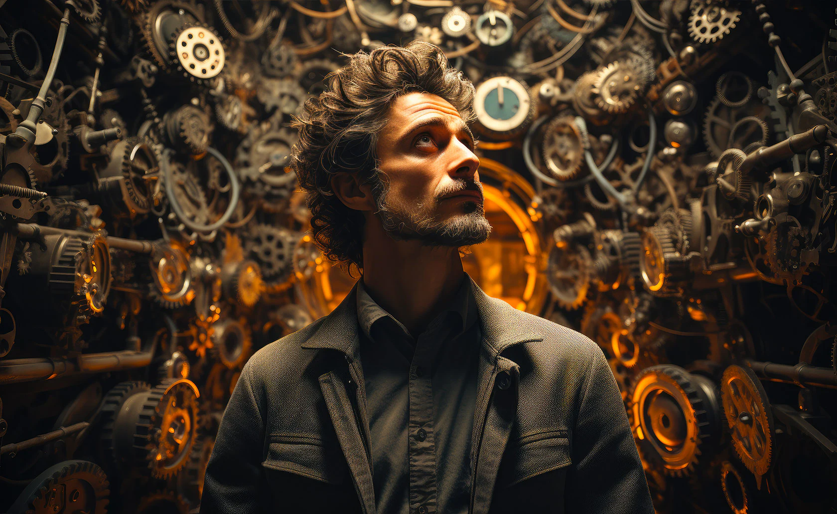 Personnage entouré de rouages et d’horloges.