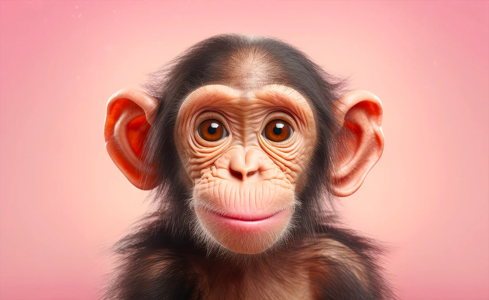 Portrait illustré d’un jeune chimpanzé sur un fond rose.