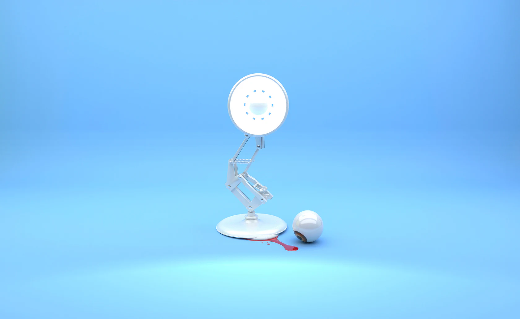 Lampe articulée regardant une ampoule cassée au sol.