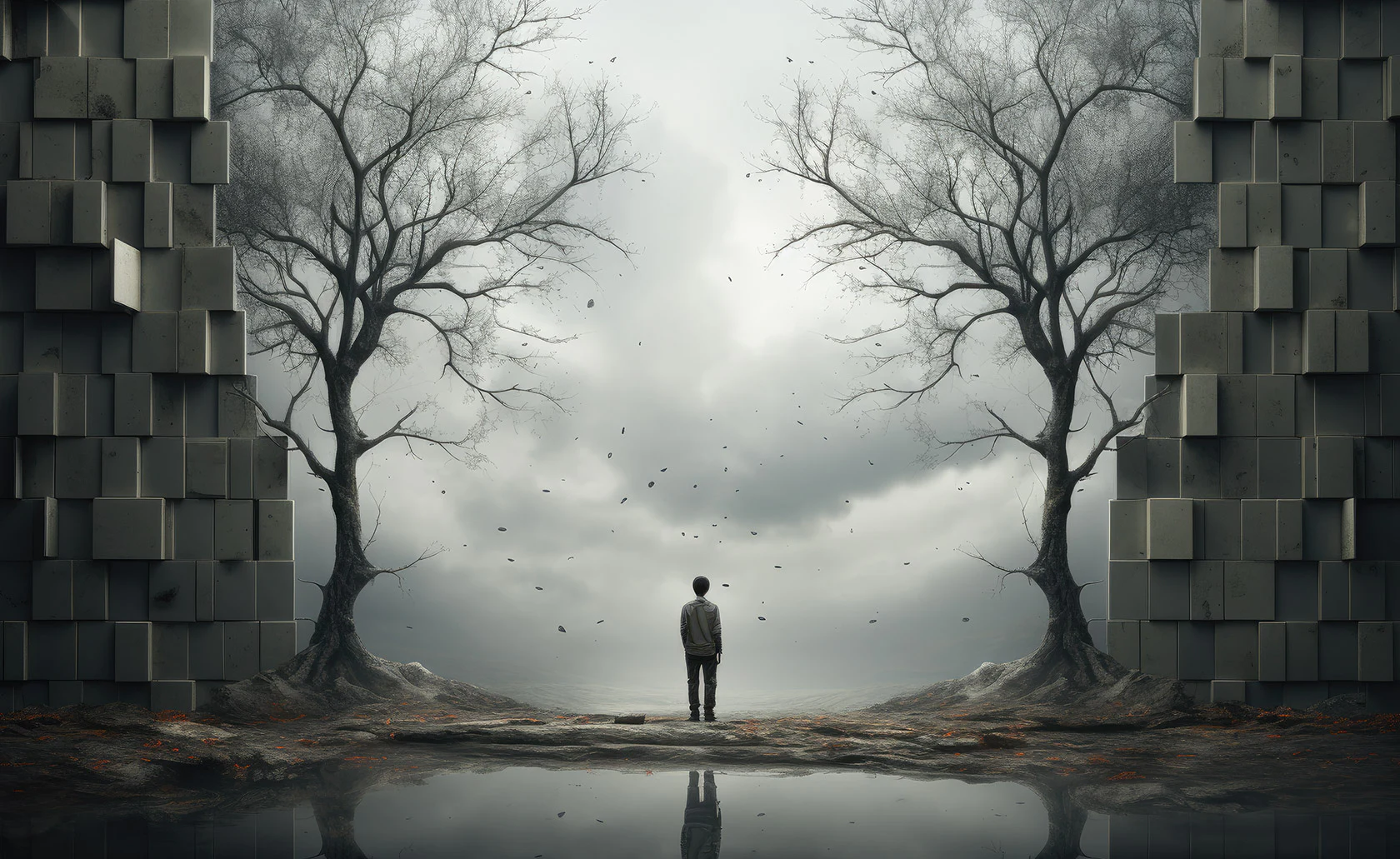 Personnage devant une ouverture entre deux murs et deux arbres dénudés.