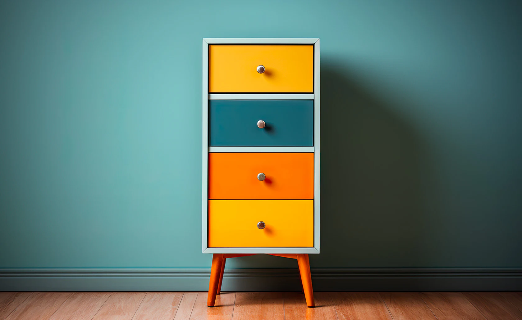 Petit meuble aux tiroirs de couleurs différentes.