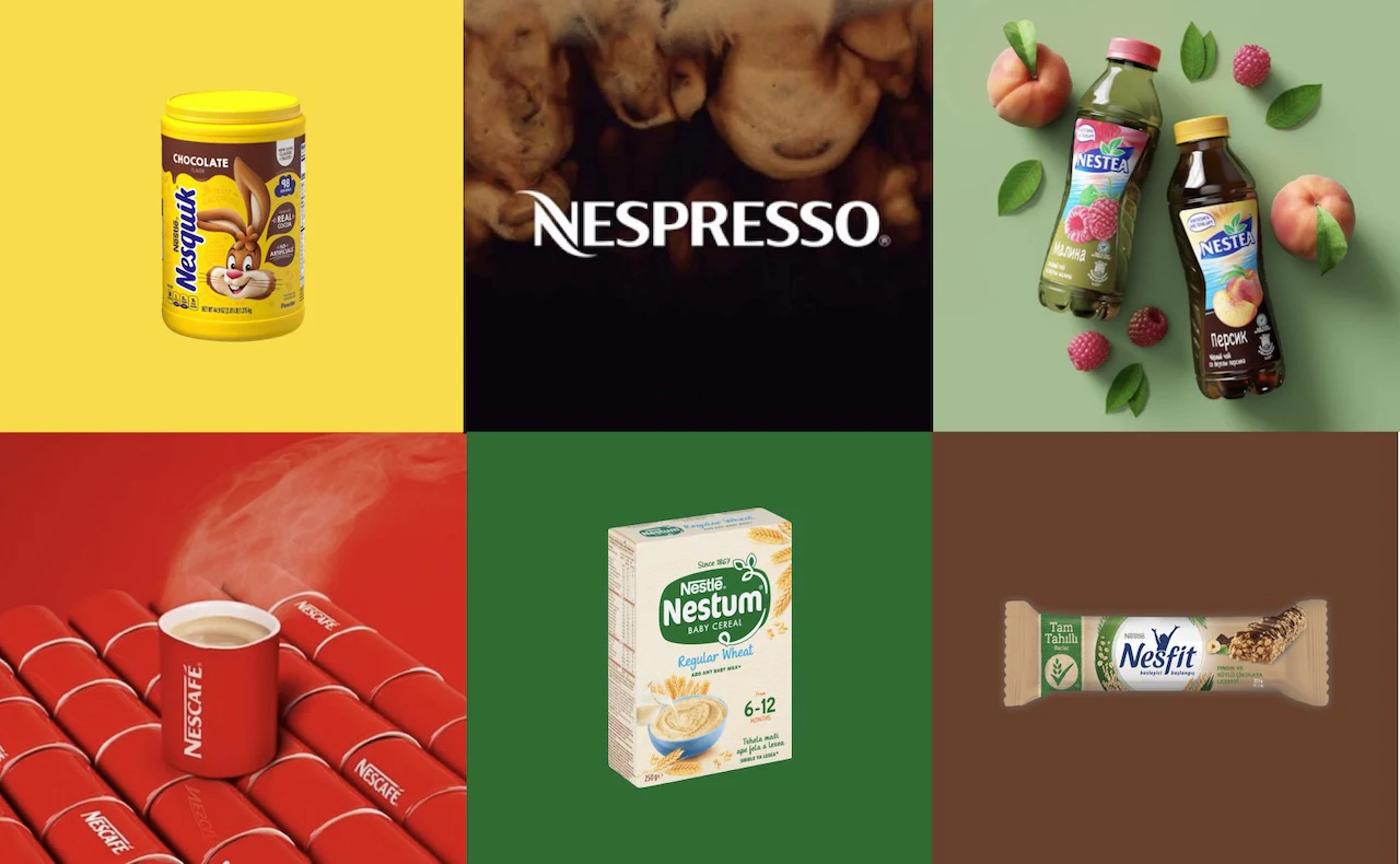 Montage de différentes marques de produits alimentaires, dont Nespresso.