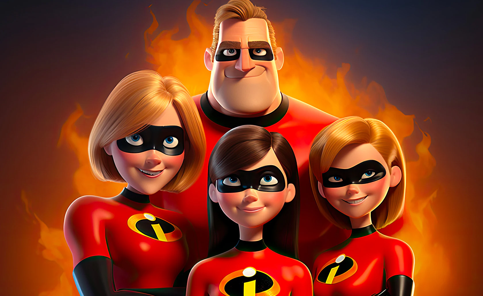 Illustration d’une famille de superhéros en costumes rouges.