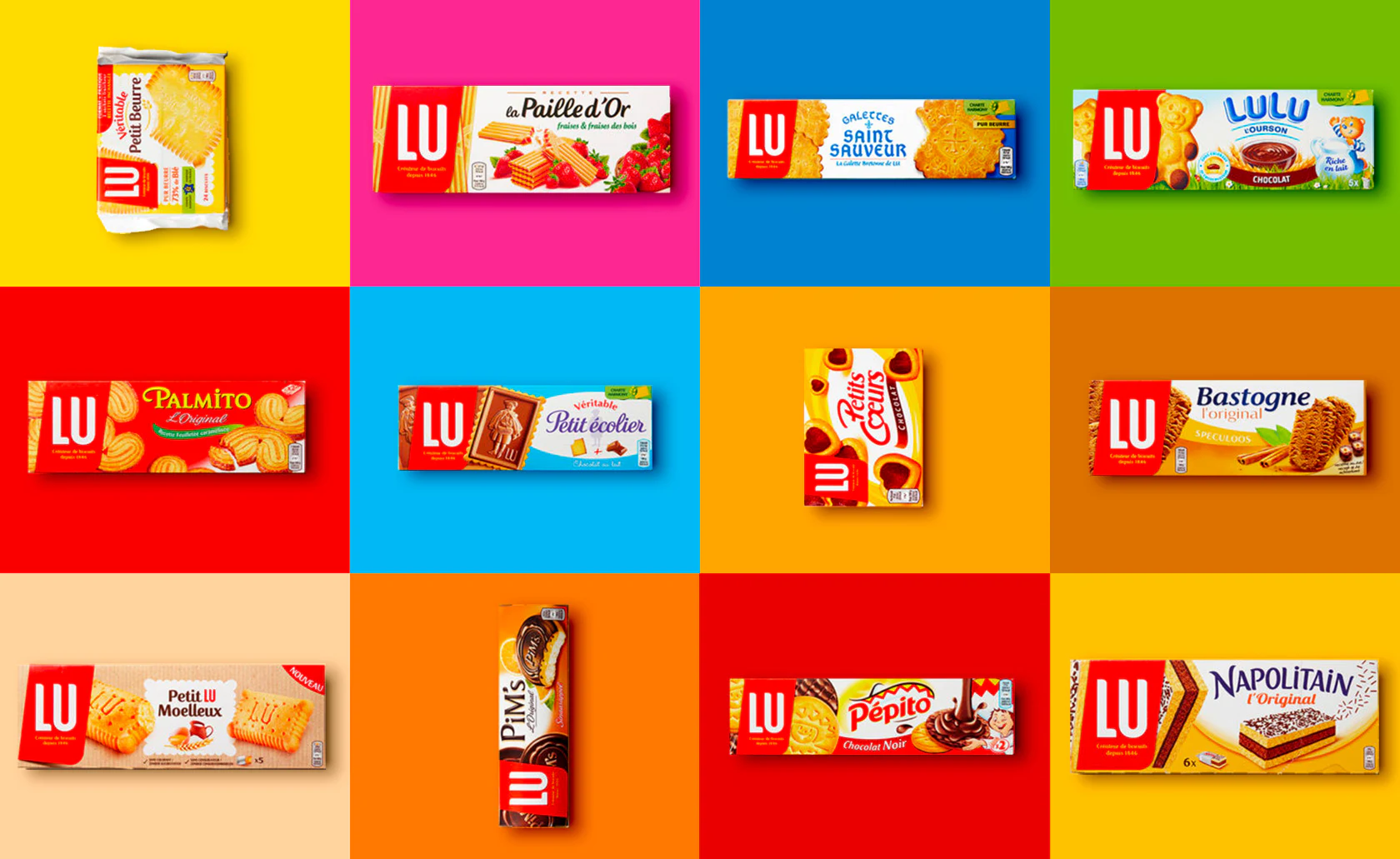 Gamme de produits LU présentée dans des cases colorées.