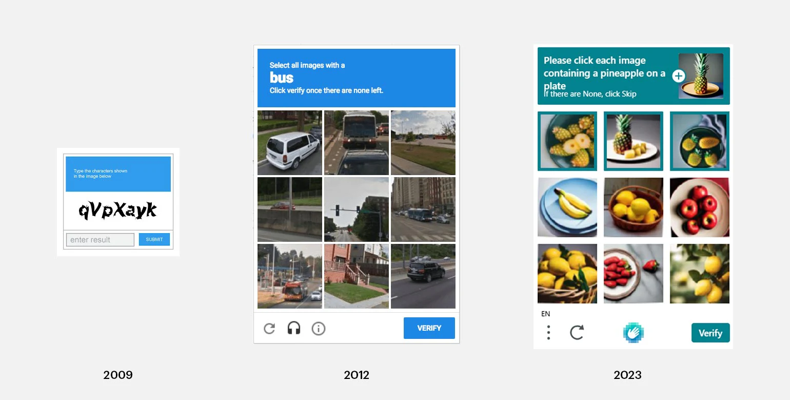 Comparaison de trois CAPTCHA de 2009, 2012 et 2023, du texte déformé à la sélection d’images.