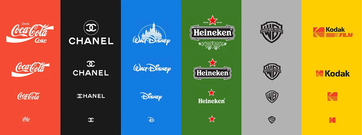 Versions simplifiées des logos Coca-Cola, Chanel, Disney, Heineken, Warner Bros. et Kodak.
