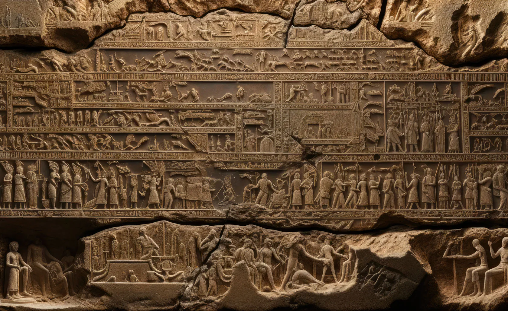 Bas-relief ancien représentant des scènes et des inscriptions.