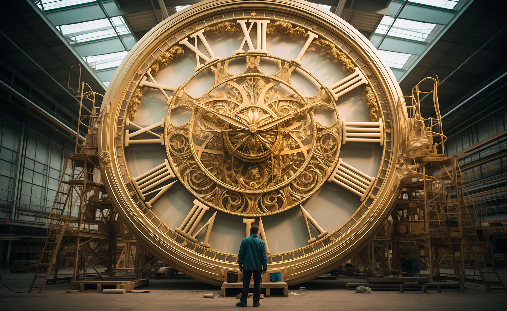 Personne debout devant une gigantesque horloge dorée dans un atelier.