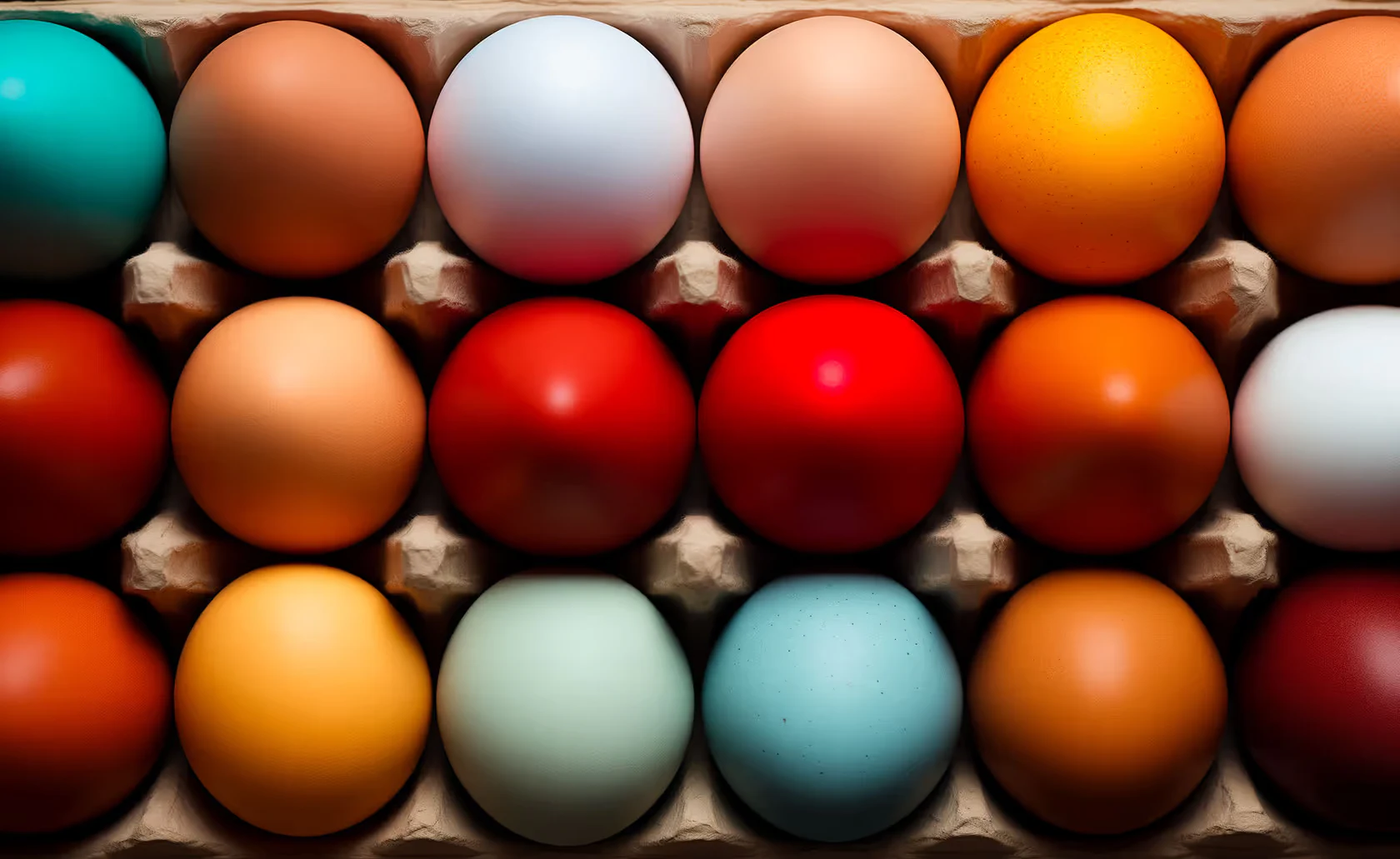 Œufs de couleurs variées rangés dans des alvéoles.