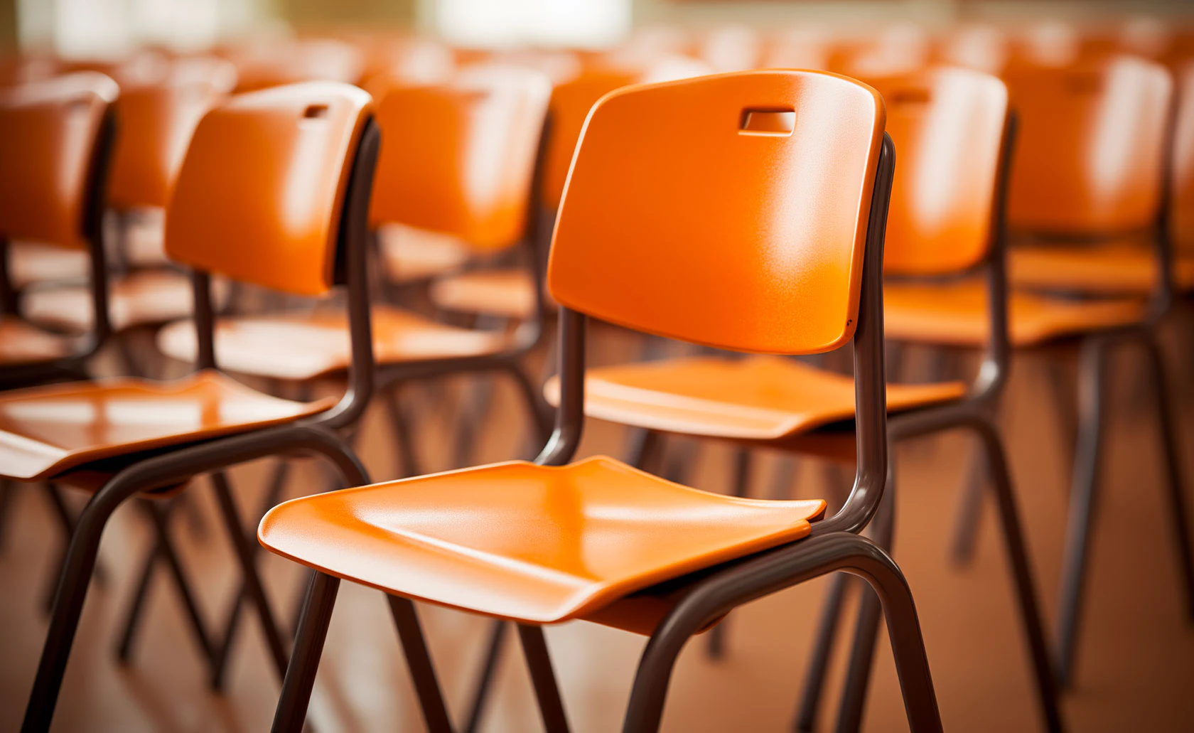 Rangées de chaises d’école orange.