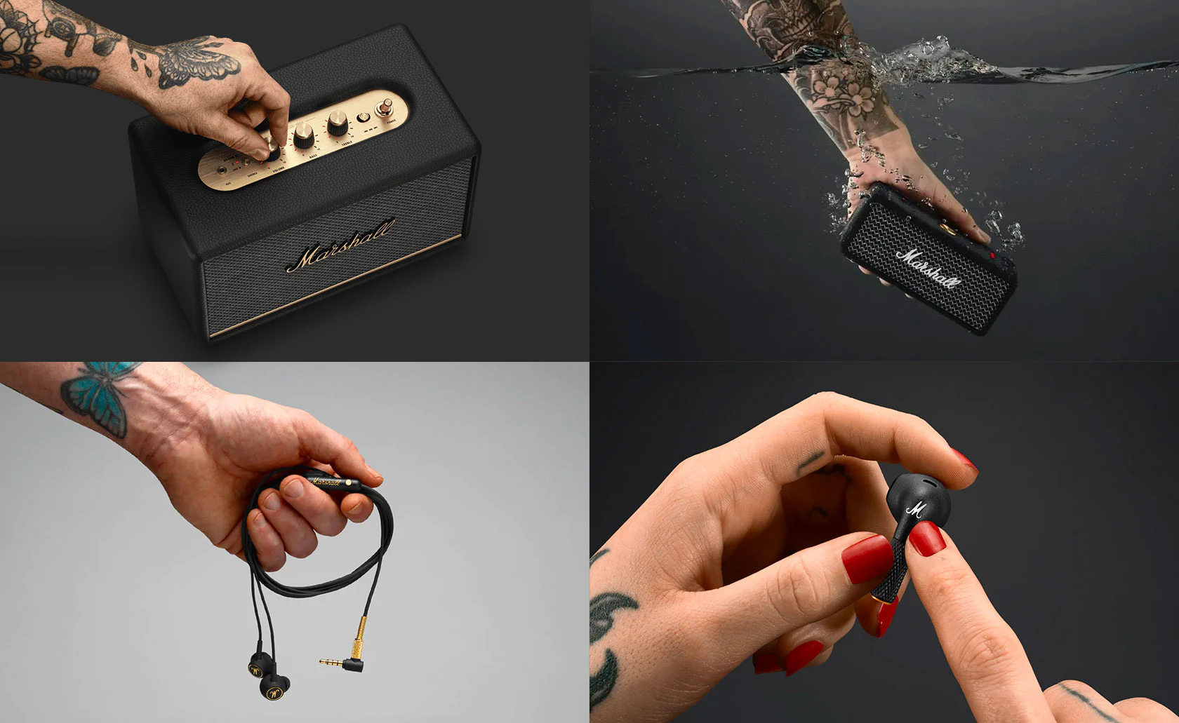 Montage de mains utilisant des enceintes, un casque et des écouteurs Marshall.