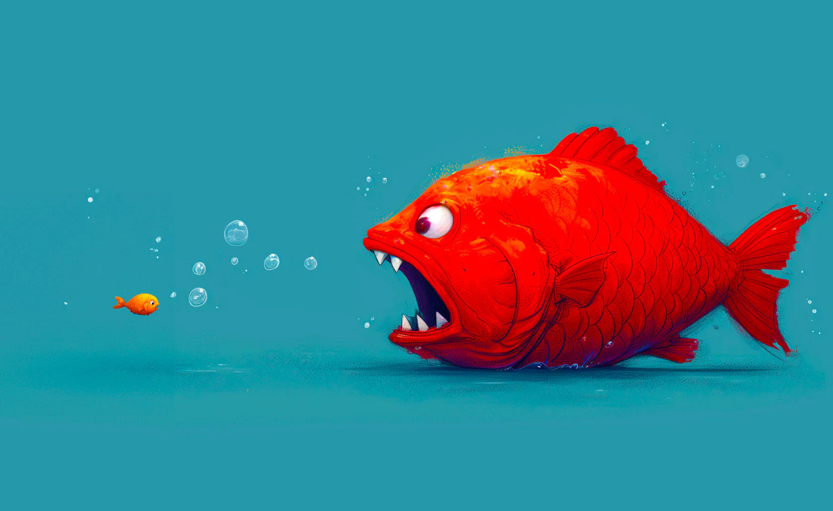 Gros poisson rouge ouvrant la bouche face à un tout petit poisson.