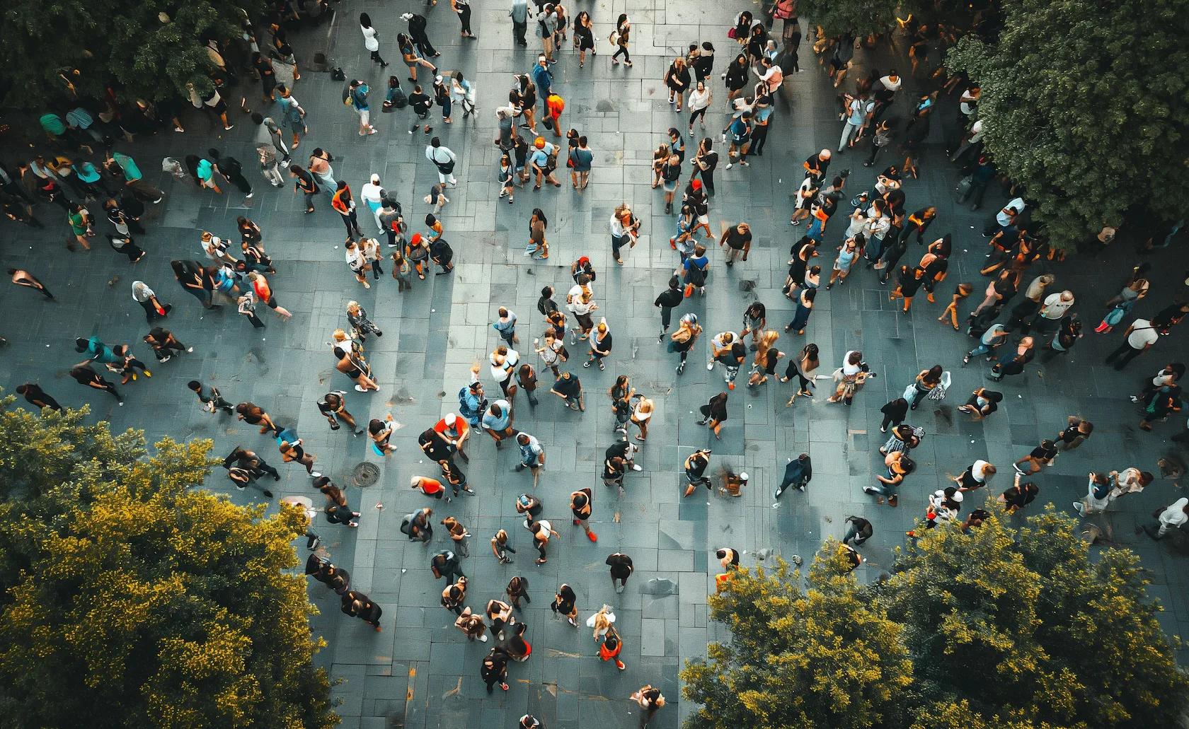 Foule vue du dessus sur une place entourée d’arbres.