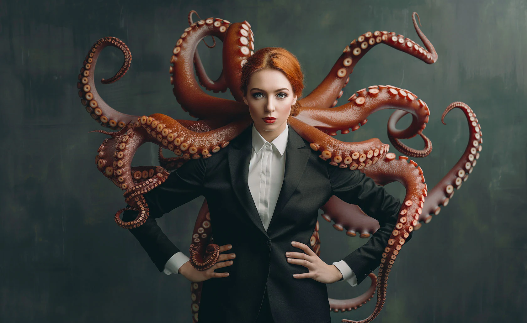Femme en costume entourée de tentacules de pieuvre.