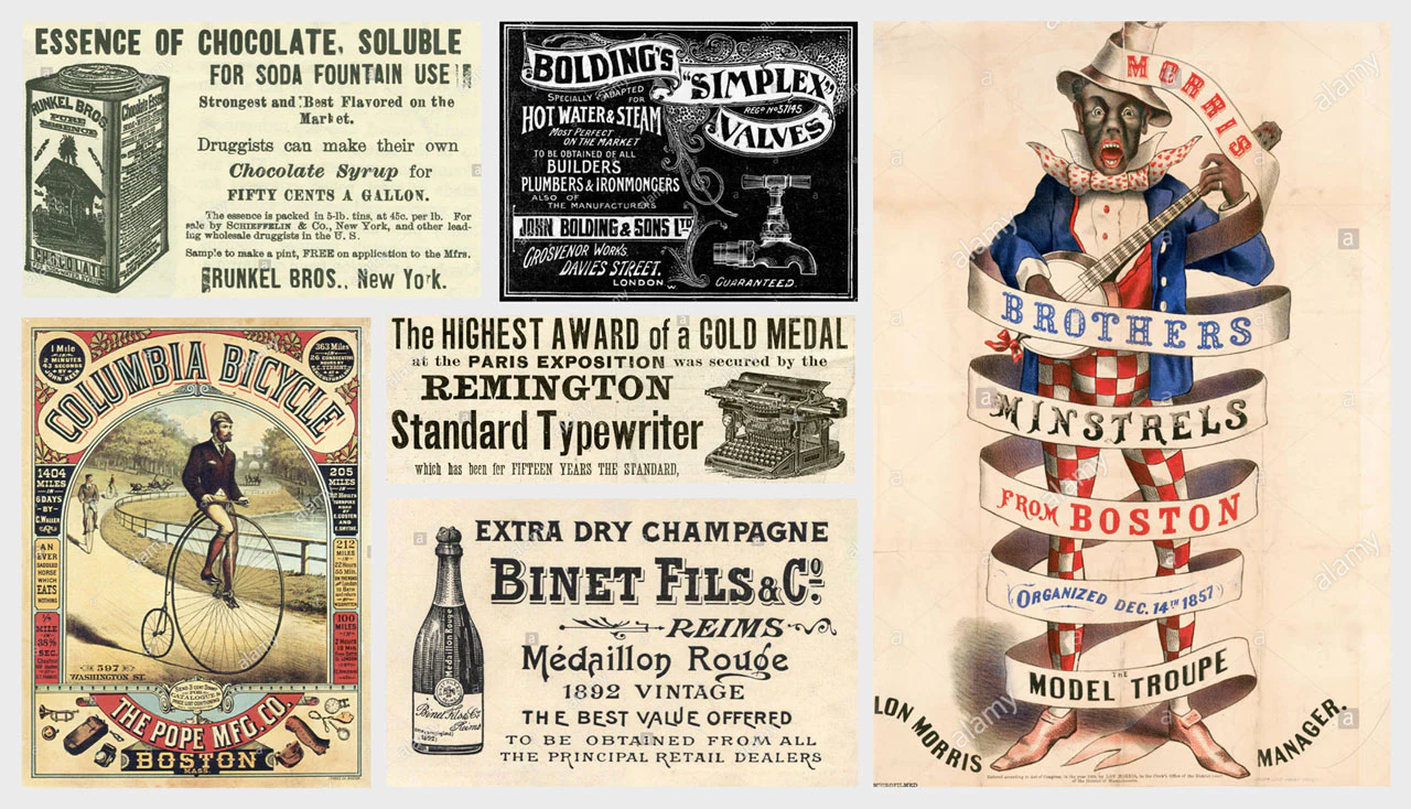 Montage de publicités anciennes pour plusieurs produits et spectacles.