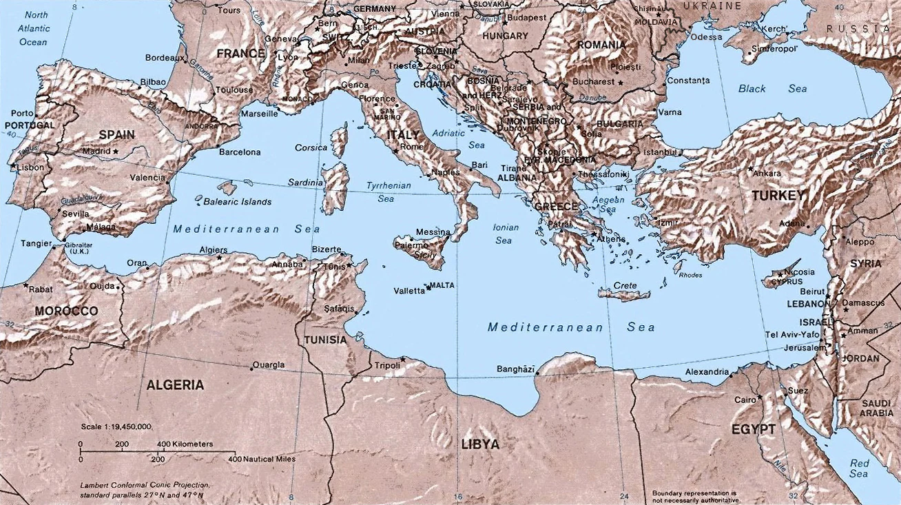 Carte de la Méditerranée et de ses pays riverains.