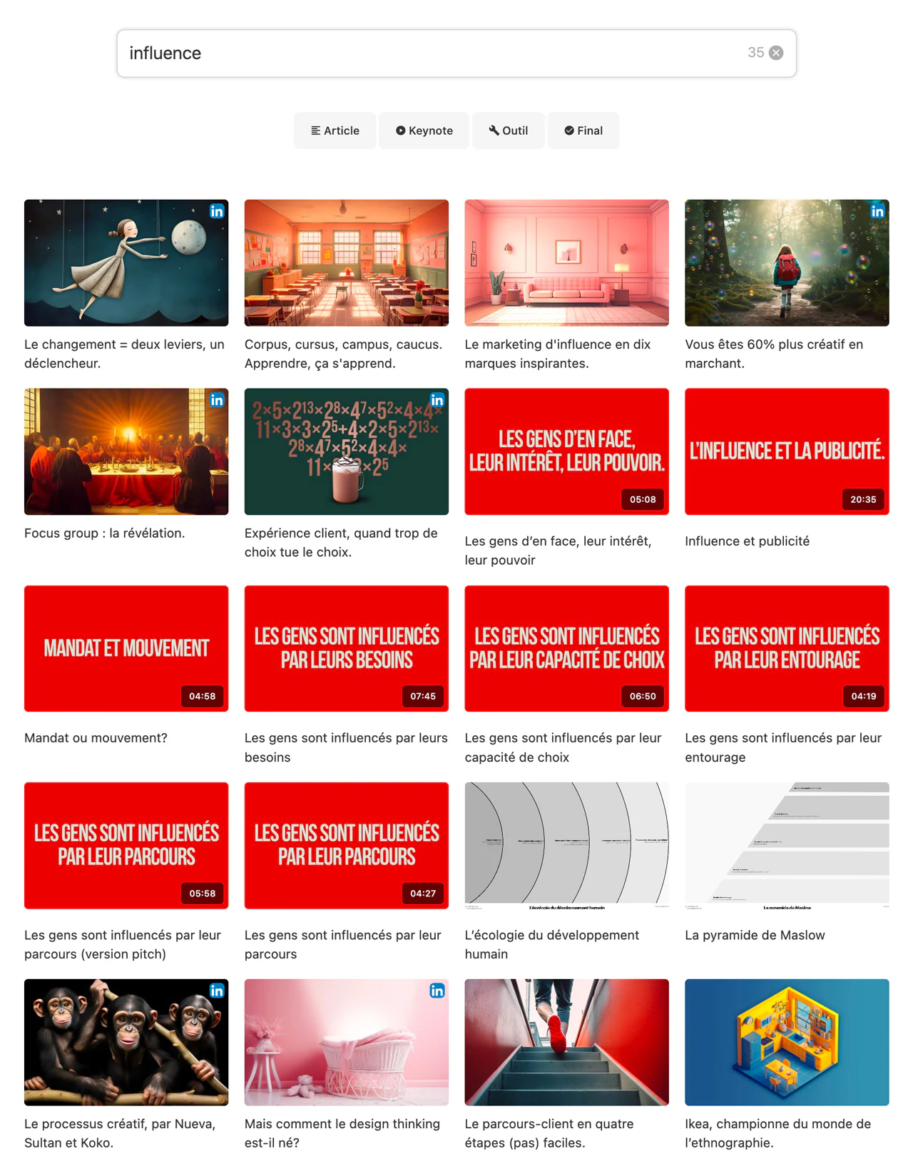 Catalogue Corpus affichant une grille d’articles, de vidéos et d’outils avec une recherche.
